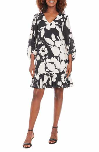 London Times Floral V-Neck Three-Quarter Sleeve Shift Dress