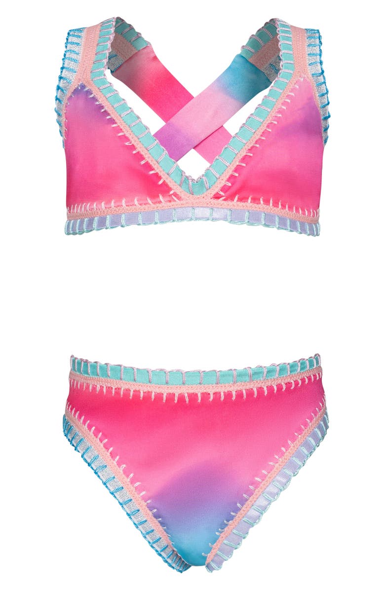 PQ SWIM Kids' Rainbow Embroidered Two-Piece Swimsuit, Main, color, Dream