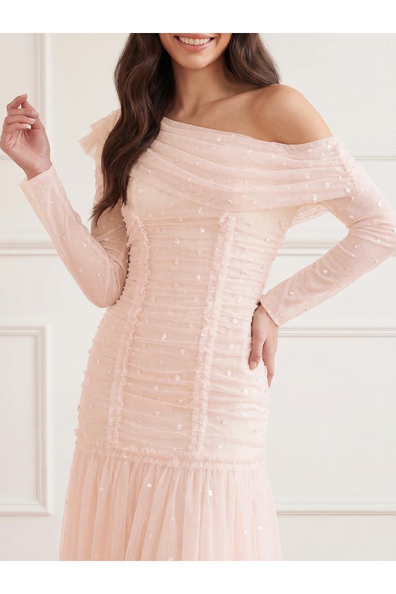 Gigi Dot One-Shoulder Ruched Gown, Alternate, color, Cream/Peony Pink