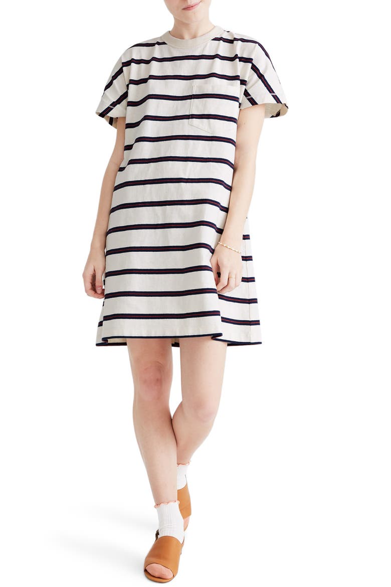 Tomboy Stripe Pocket T-Shirt Dress, Main, color, BUBBLE TEA STR ANTIQUE CREAM