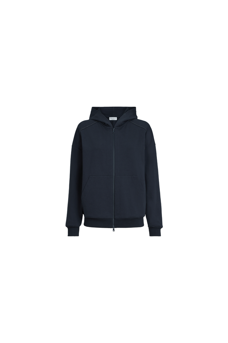 Stretch cotton lightweight French terry hooded sweatshirt with zipper and shiny trims, Alternate, color, Blue