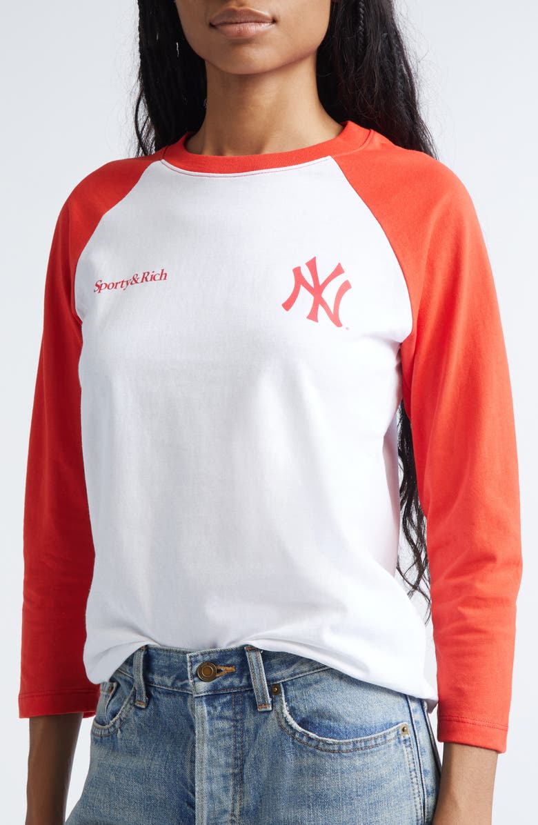 Sporty & Rich x Yankees Serif Cotton Baseball T-Shirt, Alternate, color, White/Fire Red