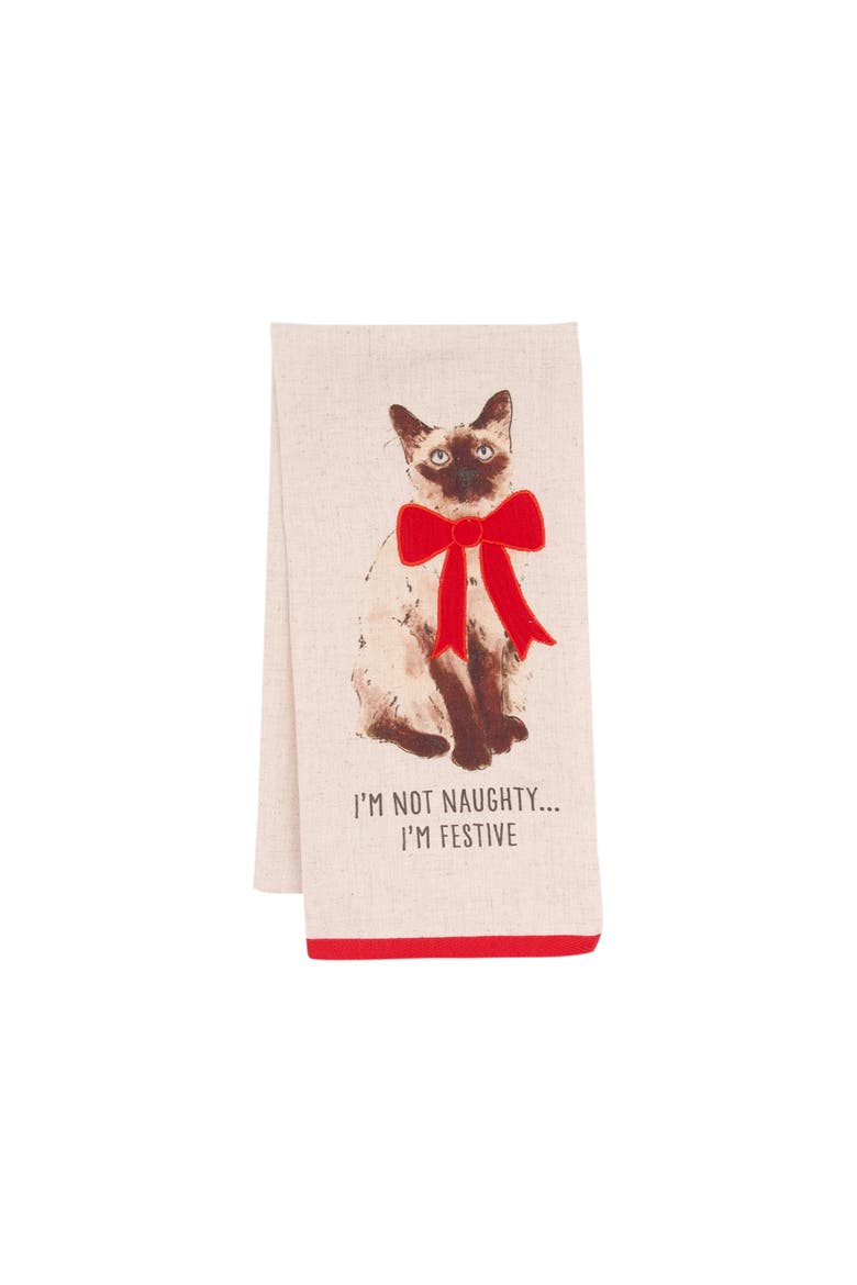 Festive Siamese Cat with Ribbon Vintage Christmas Towel, Main, color, Beige