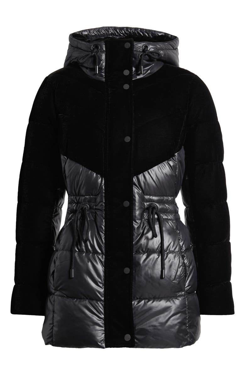 Andrew Marc Velvet Panel Hooded Puffer Jacket, Alternate, color, Black