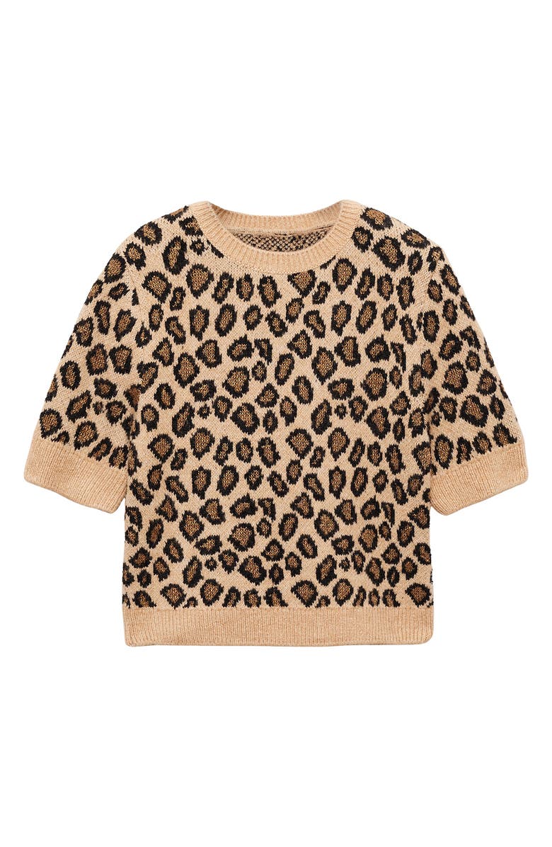 MANGO Metallic Leopard Jacquard Short Sleeve Sweater, Alternate, color, Brown