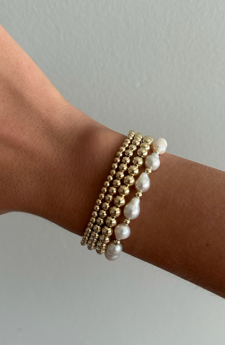 CUFFED BY NANO Baroque Pearl and 14k Gold Filled Bead Four Bracelet Stack, Alternate, color, Gold
