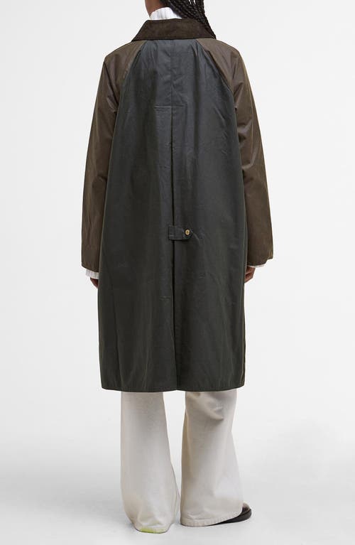 Barbour Long Length Waxed Jacket With Contrast Collar In Green