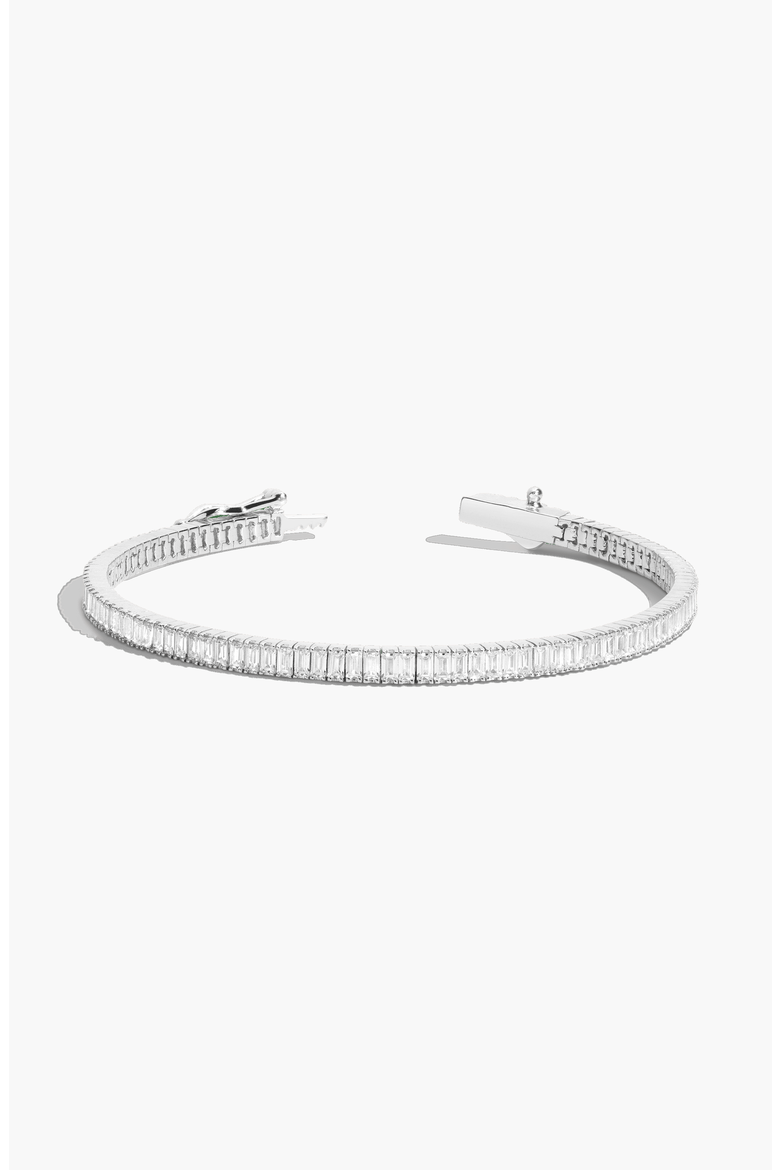 Lab Grown Sapphire Baguette Tennis Bracelet, Main, color, Sterling Silver