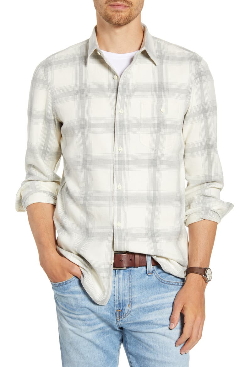 Trim Fit Plaid Twill Button-Up Utility Shirt, Main, color, WHITE GREY HEATHER PLAID