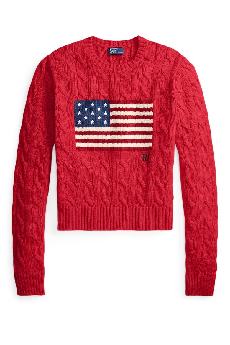 Flag Intarsia Cable Stitch Crewneck Sweater, Alternate, color, RED
