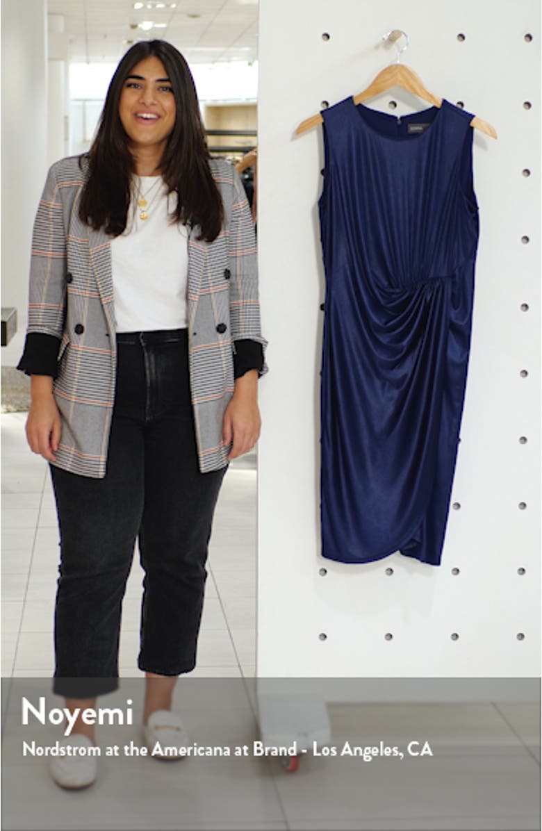 Ruched Sleeveless Metallic Knit Faux Wrap Dress, sales video thumbnail