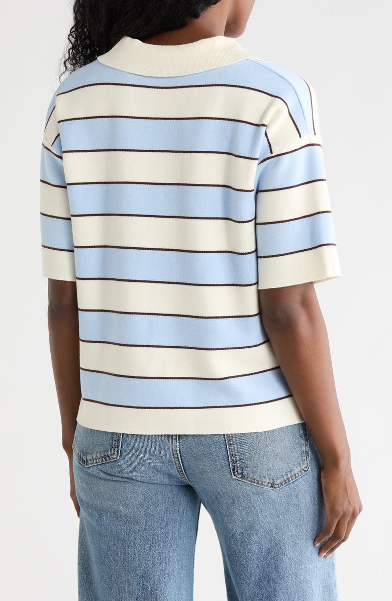 T Tahari Stripe Short Sleeve Polo Sweater, Alternate, color, Ivory/ Chocolate/ Pastel Blue