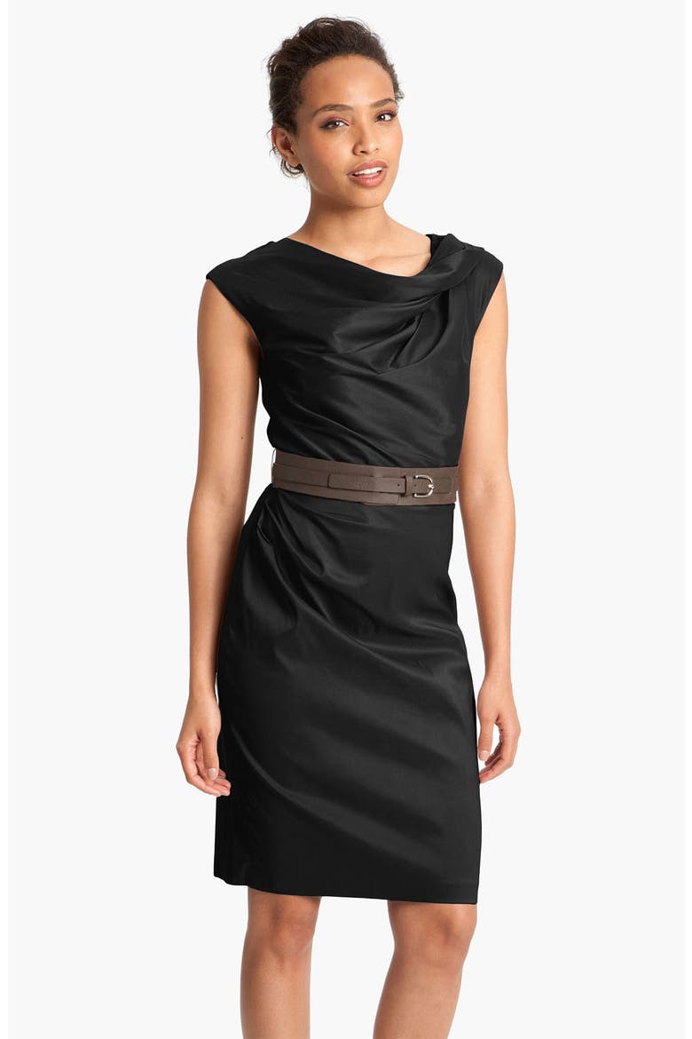 Asymmetrical Neck Belted Sheath Dress, Main, color, BLACK