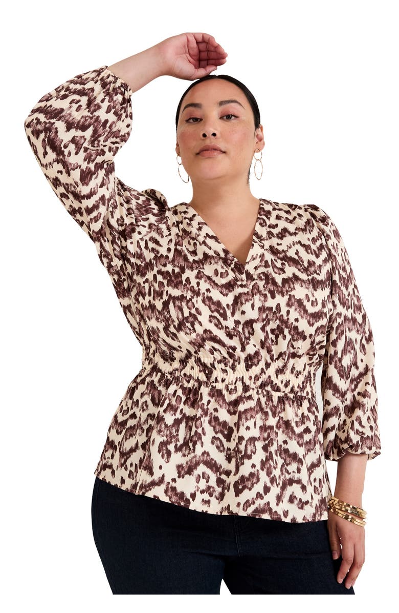 June + Vie Puff-Sleeve Peplum Blouse, Main, color, Botanical Texture Chocolate