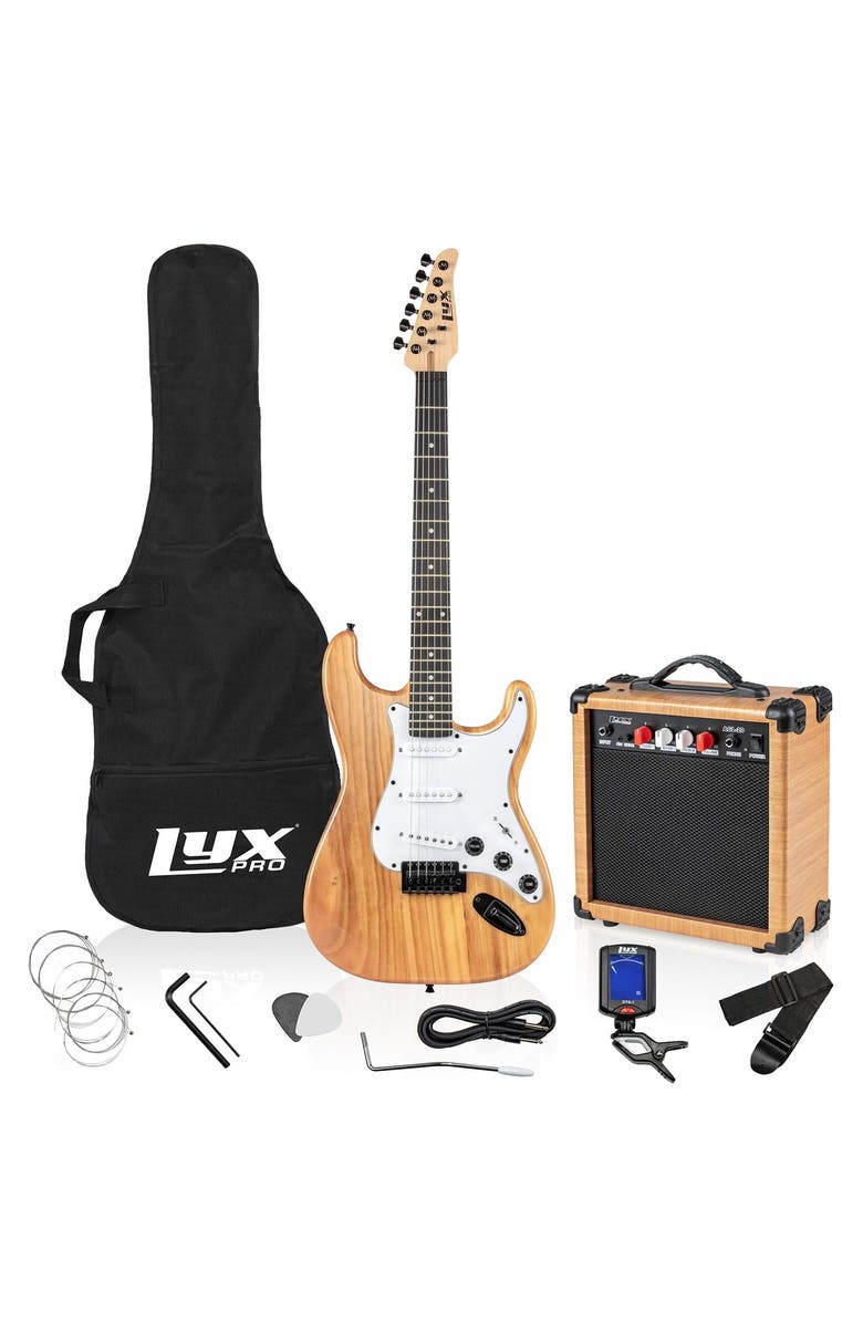 Lyxpro 39 Electric Guitar Kit Bundle w/ 20W Amp, Tuner, Strings, Picks, Strap & Case, Main, color, Natural