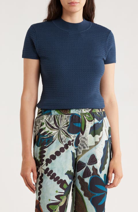 Mock Neck Short Sleeve Knit Sweater