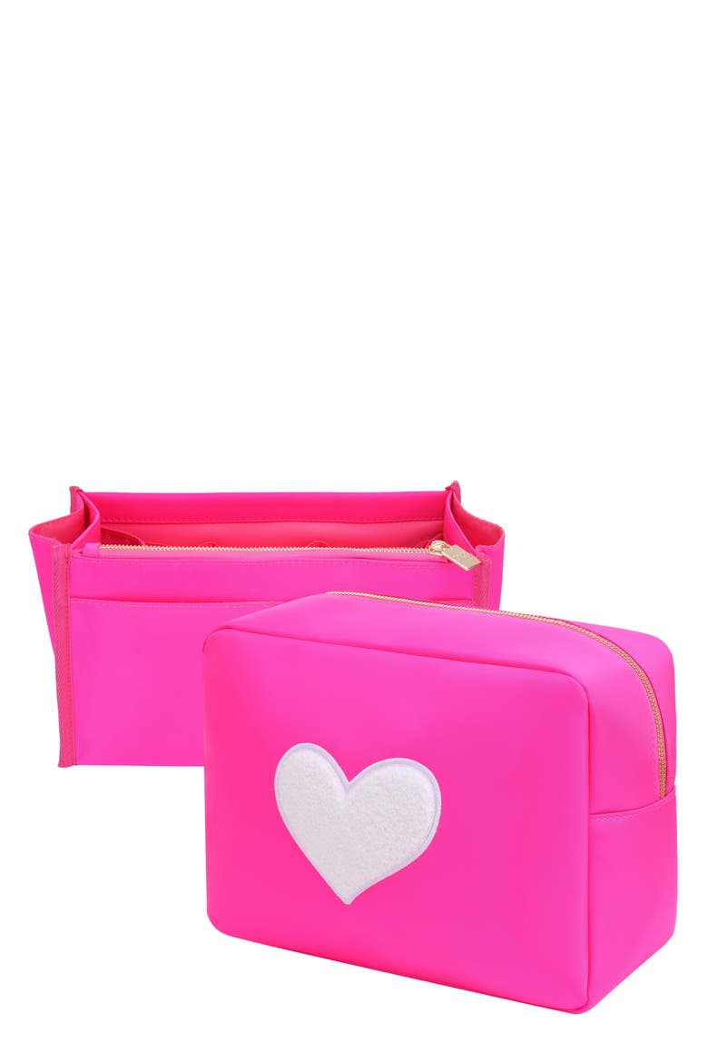 XL Heart Patch Cosmetic Bag with Insert, Main, color, HOT PINK