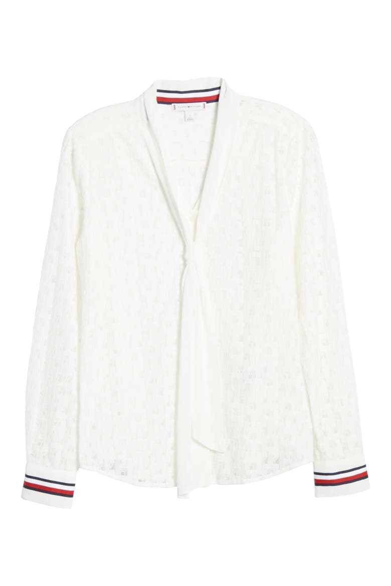 Tie Front Lace Button Up Top, Alternate, color, BRIGHT WHITE