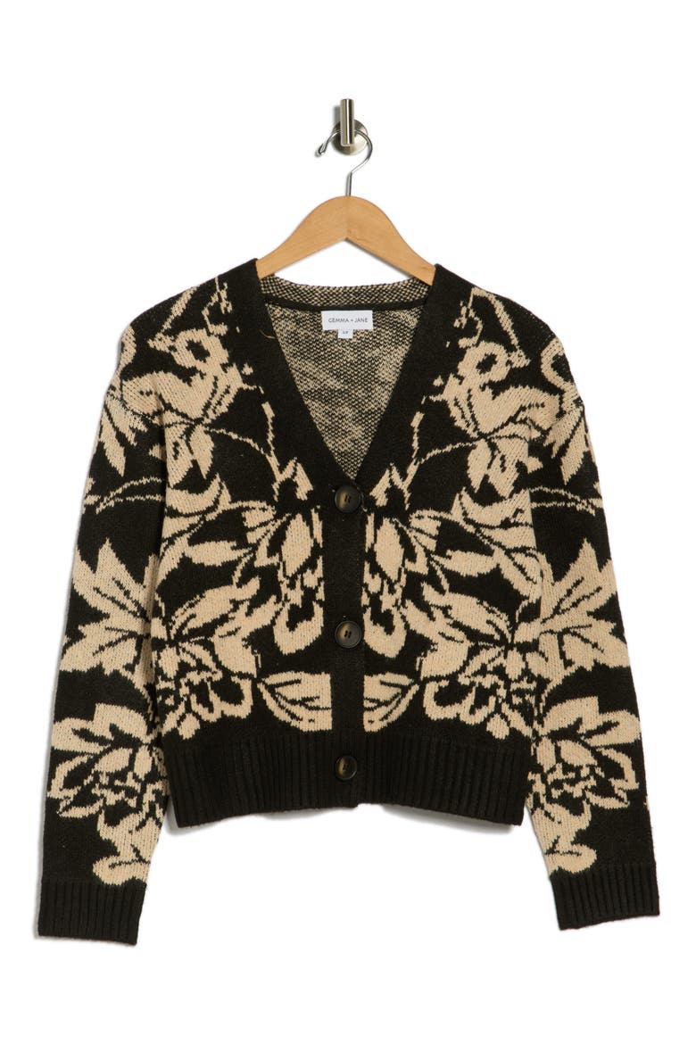 Floral Jacquard V-Neck Cardigan, Alternate, color, BLACK/ TAUPE