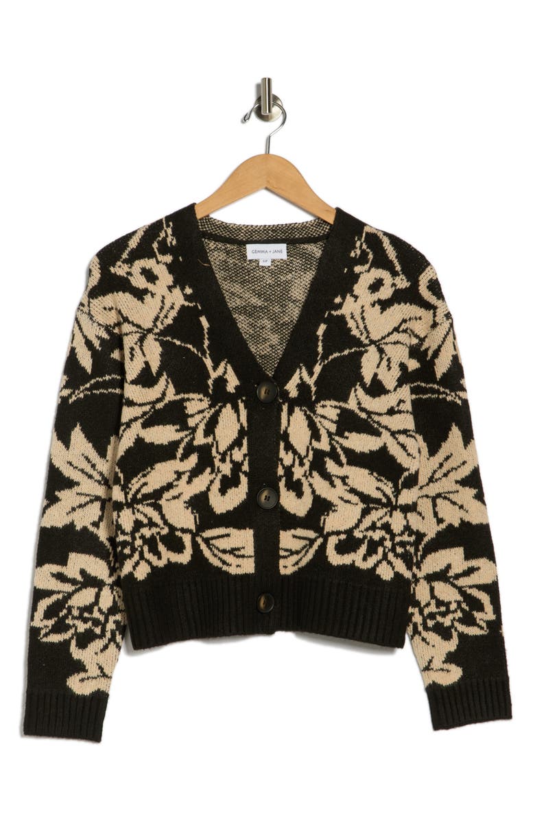 Gemma + Jane Floral Jacquard V-Neck Cardigan, Alternate, color, Black/ Taupe