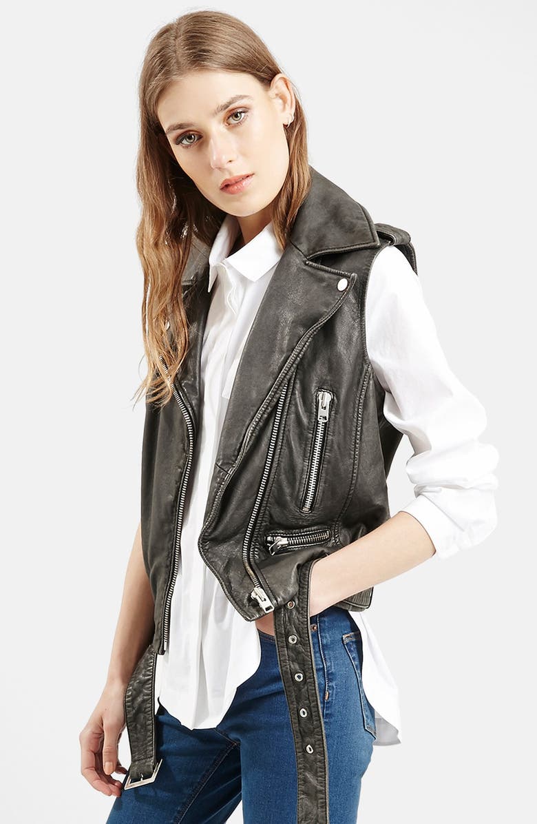Topshop 'Sylvia' Leather Biker Vest, Main, color, 