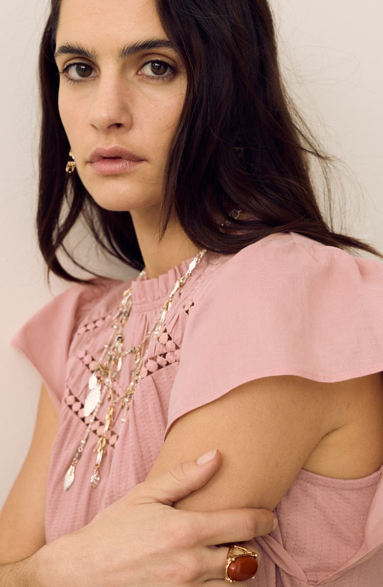 PER UNA BY M&S Circle Trim Flutter Sleeve Cotton Top, Alternate, color, Rose Pink