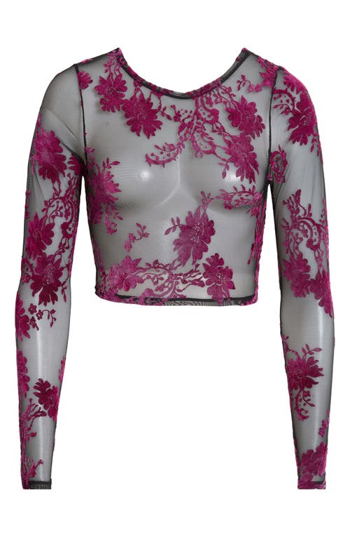 Kilo Brava Floral Flocked Long Sleeve Crop Top In Purple