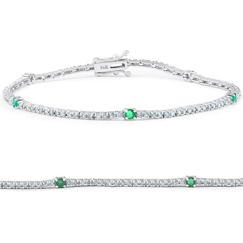 1 1/10 Ct Diamond & Green Emerald Tennis Bracelet 14k Gold 7" Lab Grown