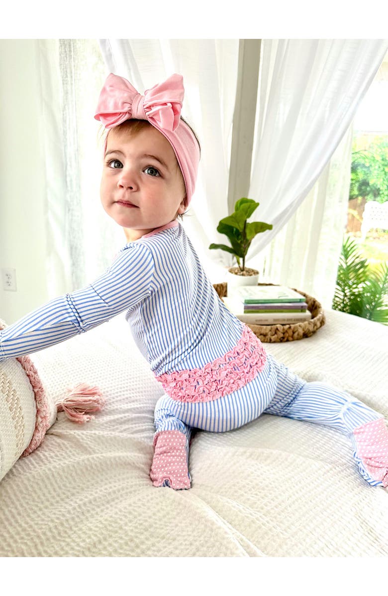 RuffleButts SoftSnooze Baby Girls Ruffle One Piece Footie Pajamas, Alternate, color, Periwinkle & White Stripe
