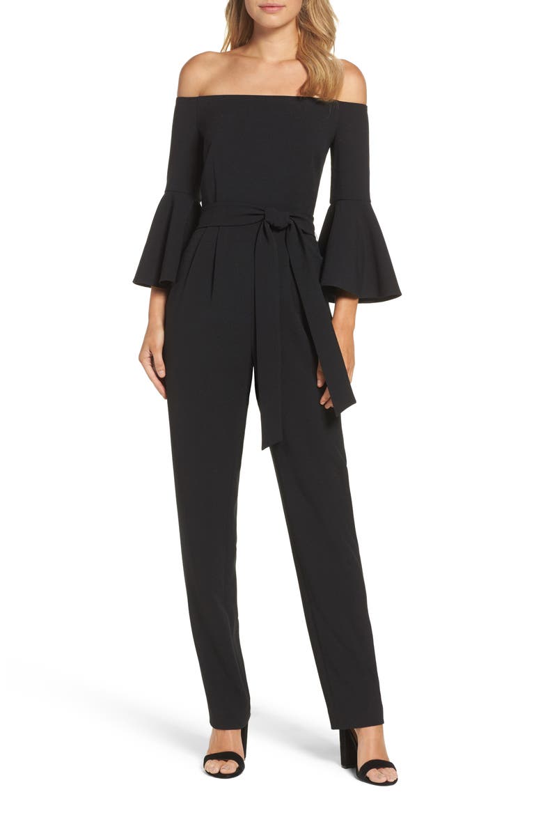 Off the Shoulder Bell Sleeve Slim Leg Jumpsuit, Main, color, BLACK
