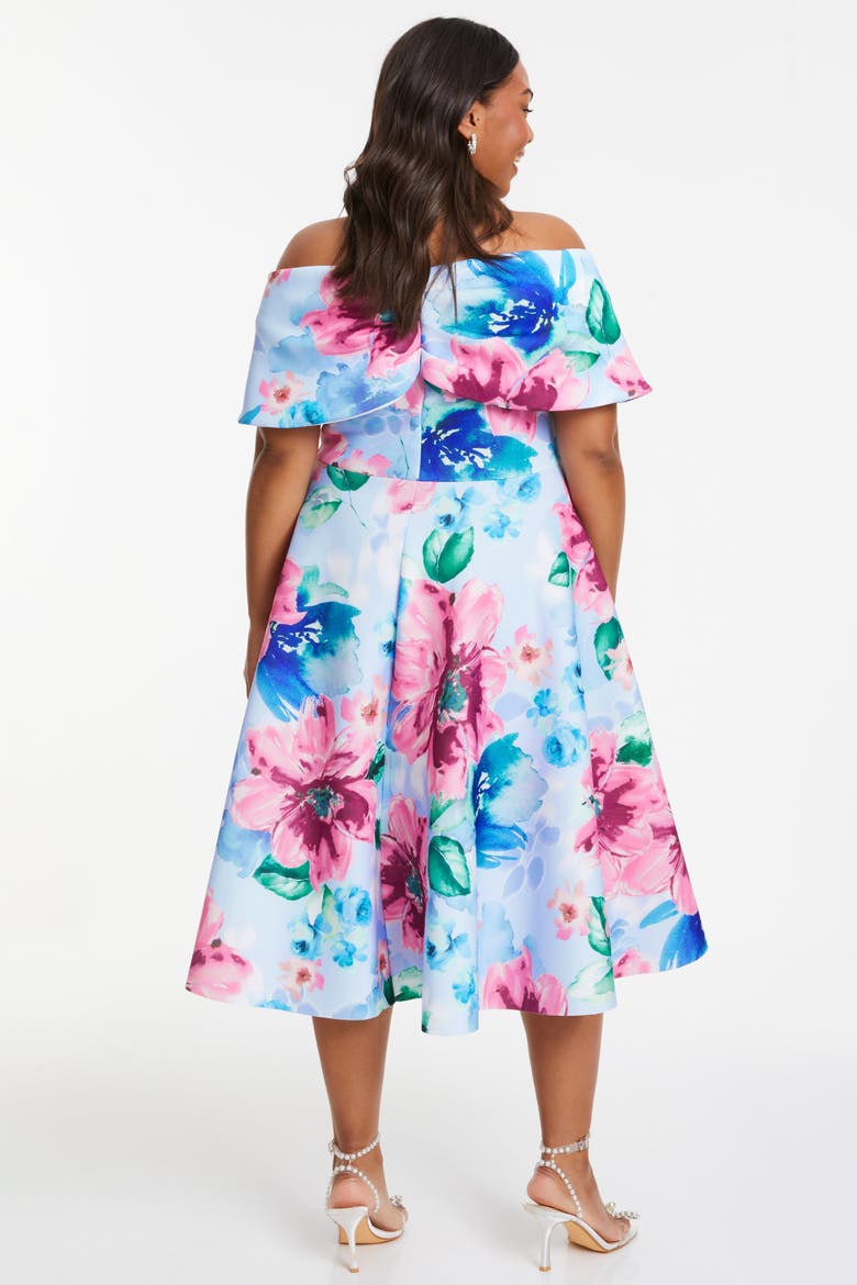 Plus Size Scuba Knit Floral Bardot Skater Midi Dress, Alternate, color, Blue