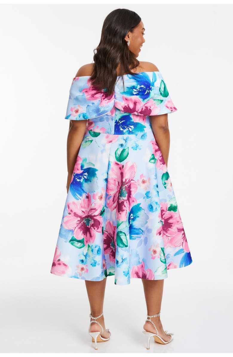 QUIZ Plus Size Scuba Knit Floral Bardot Skater Midi Dress, Alternate, color, Blue