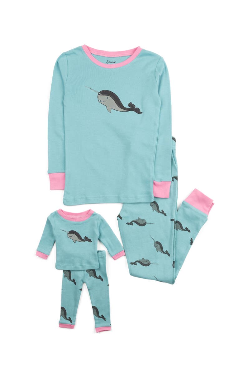 Leveret Girls 2-pc. Cotton Pajamas with Matching Doll Accessory - Animal Prints, Main, color, Whale Blue