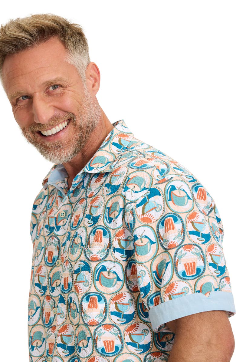 Tommy Bahama Nova Wave Glass Half Full Short Sleeve Seersucker Button-Up Shirt, Alternate, color, White Peach