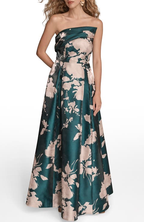Floral Print Strapless Satin Gown