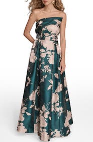 Donna Karan New York Floral Print Strapless Satin Gown