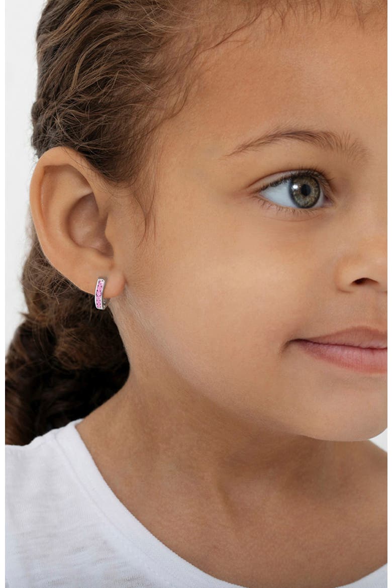 Small Channel Pink CZ Hoop Earrings, Alternate, color, Pink