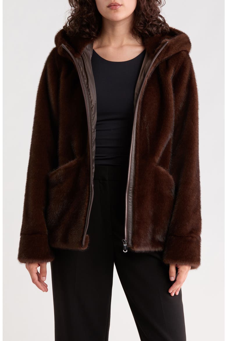 Hooded Faux Fur Bomber Jacket, Alternate, color, BROWN