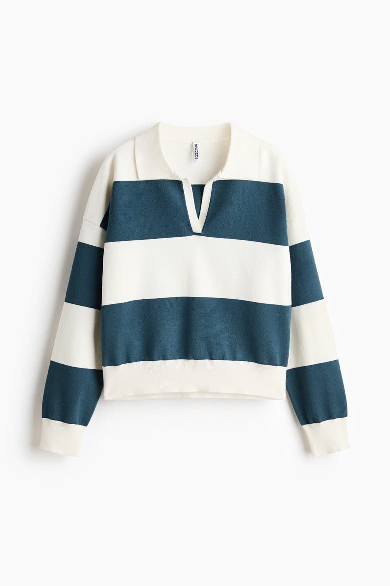 Fine-knit Polo Shirt, Alternate, color, Dark turquoise/cream striped