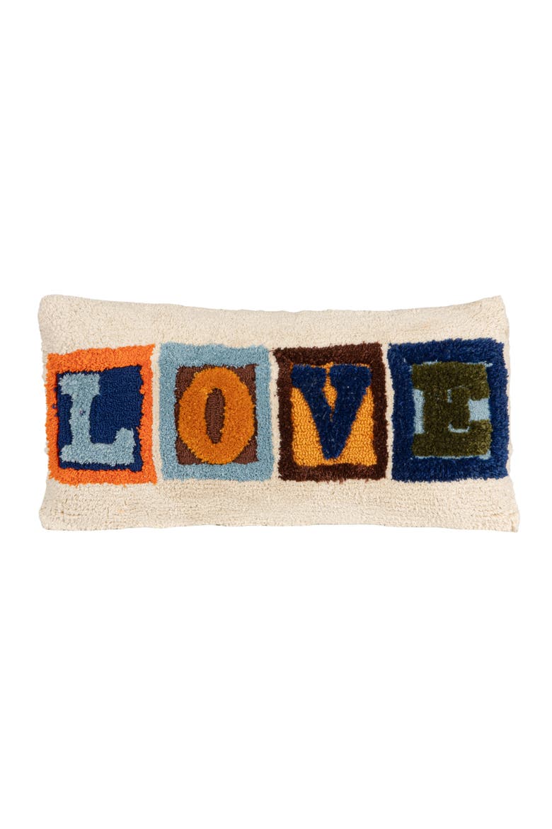 Indoor/Outdoor Fabric Tufted Lumbar Pillow "LOVE", Multicolor, Main, color, Blue