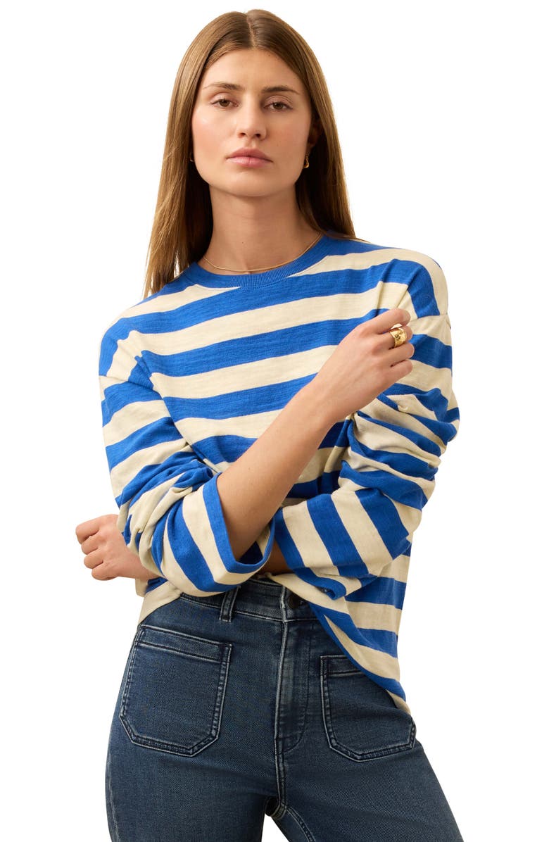 Faherty Sunwashed Stripe Long Sleeve Organic Cotton Slub T-Shirt, Alternate, color, Sea Stripe