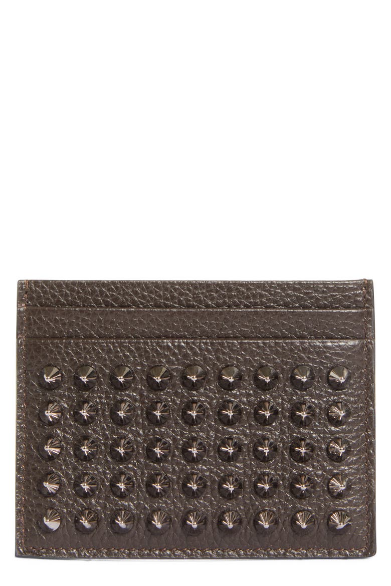 Kios Spikes Calfskin Leather Card Case, Main, color, CAFE/ GUN METAL