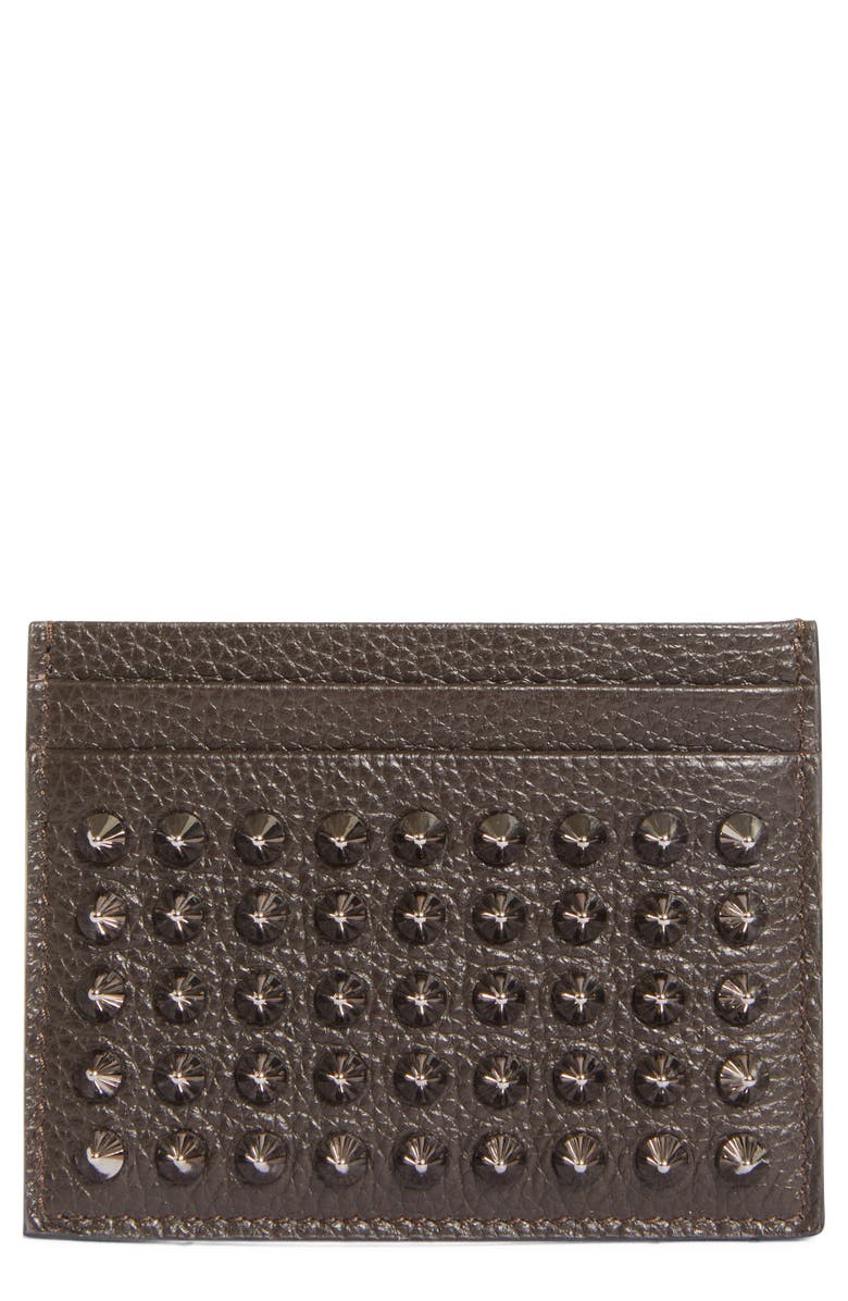 Christian Louboutin Kios Spikes Calfskin Leather Card Case, Main, color, Cafe/ Gun Metal
