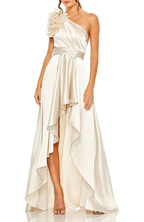 Ruffled One Shoulder Cut Out Hi-Lo Gown