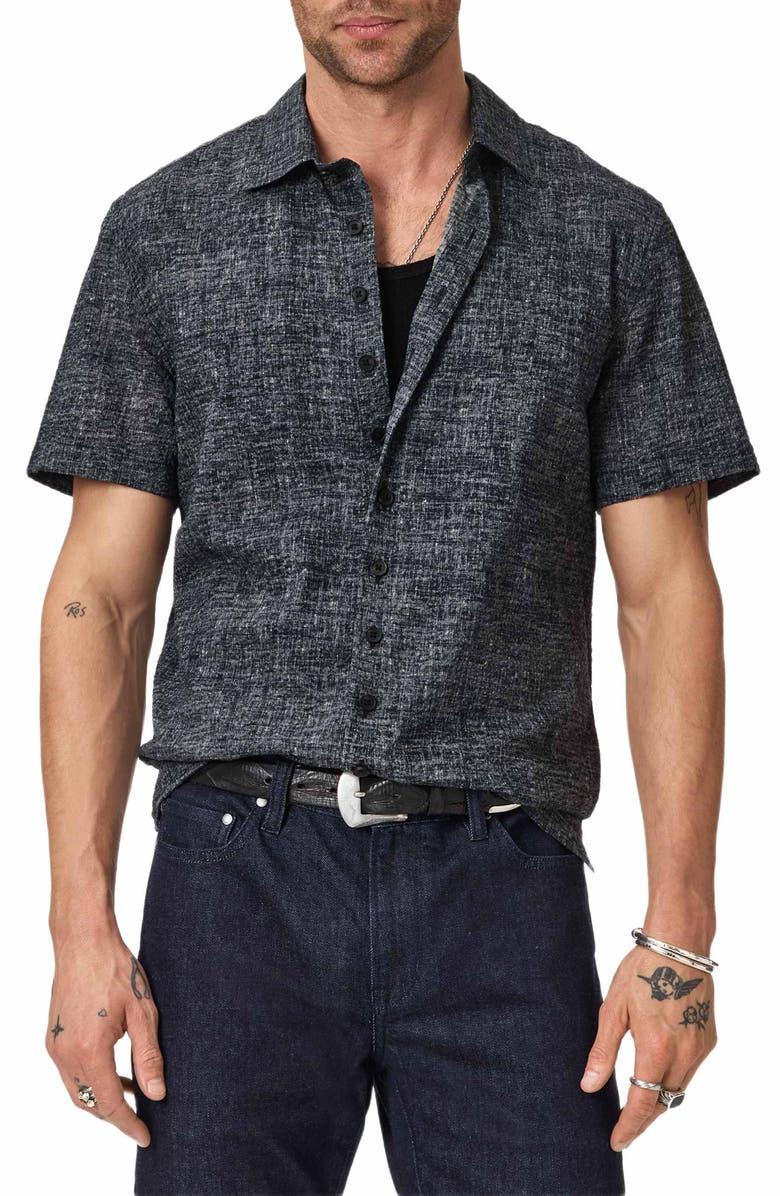 John Varvatos Malon Mélange Short Sleeve Cotton Seersucker Button-Up Shirt, Main, color, Navy