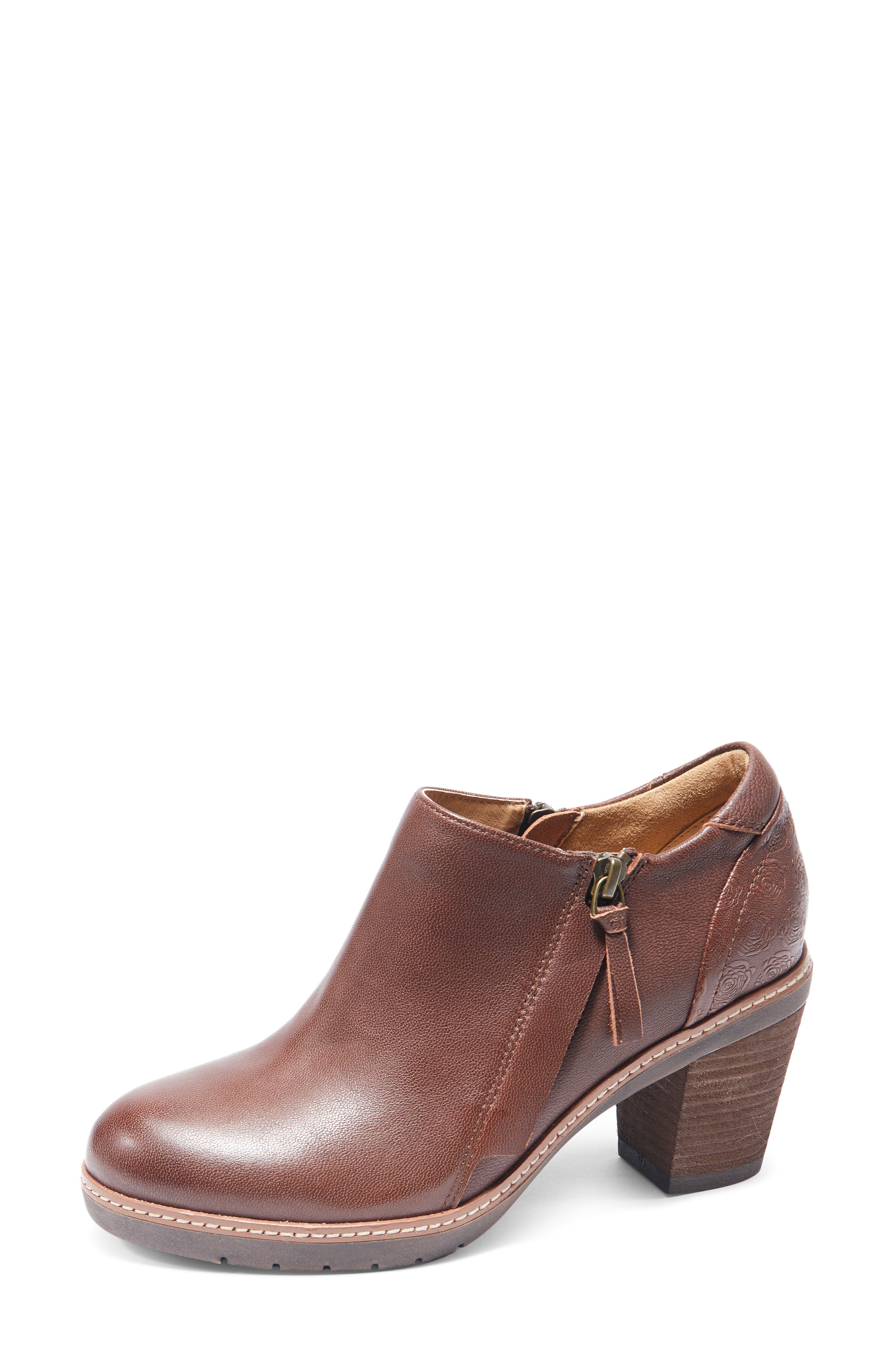 Rylee Floral Embossed Leather Bootie, Alternate, color, DARK BROWN