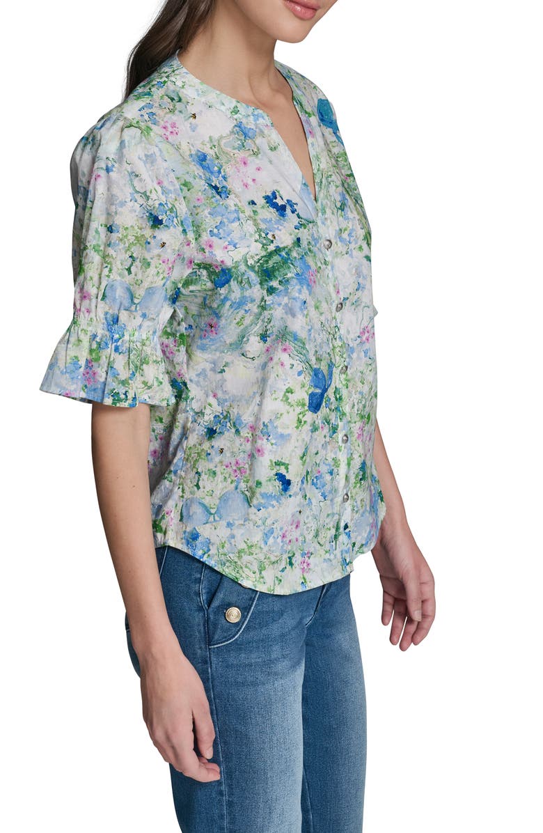 KARL LAGERFELD PARIS Print Puff Sleeve Top, Alternate, color, Sky Blue Multi