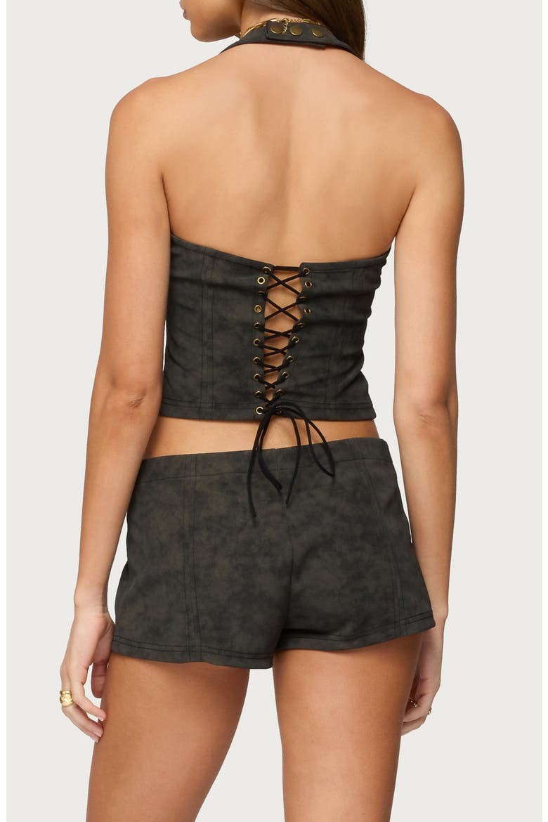 Taia Distressed Faux Leather Crop Corset, Alternate, color, DARK-BROWN