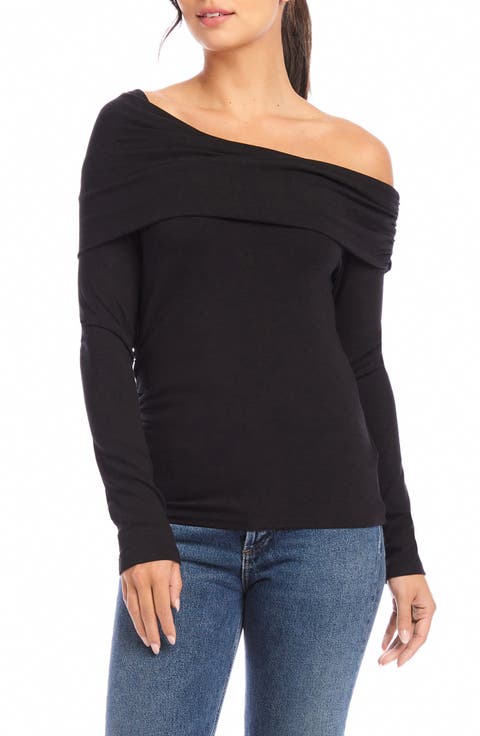 Asymmetric One-Shoulder Stretch Cotton Blend Long Sleeve Top