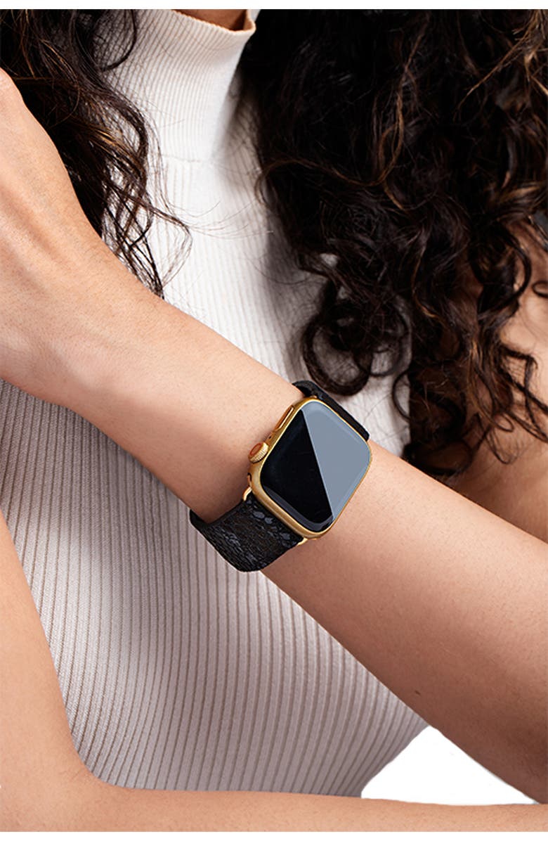 SAACHI Fish Scale Embossed Leather Apple Watch<sup>®</sup> Watchband, Alternate, color, Black